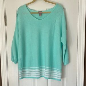 Chico's Lightweight Spring or Summer Turquoise Knit Top with White Stripes 16